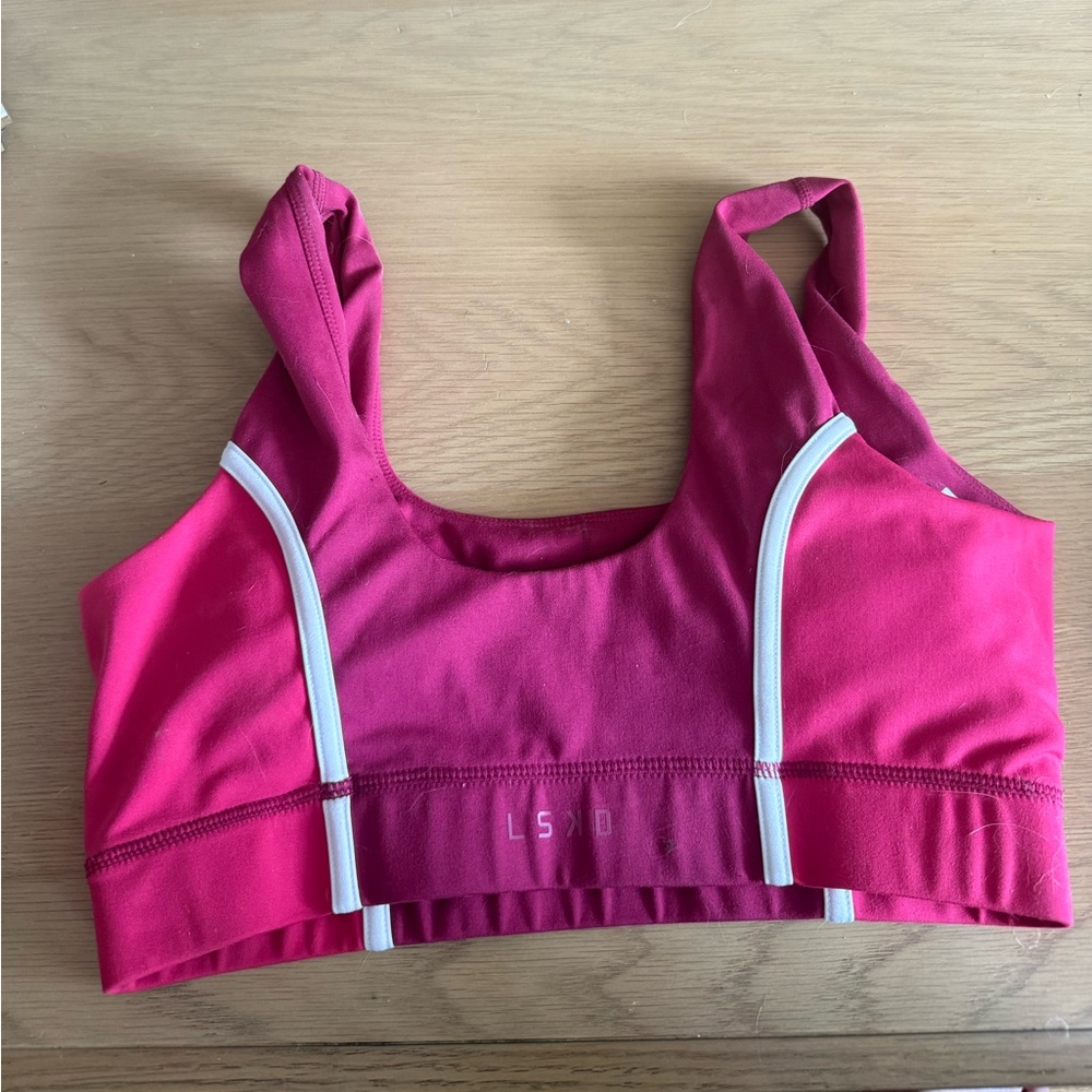 LSKD Sport Pink Athletic Sports Bra with White Trim - Picture 4 of 5